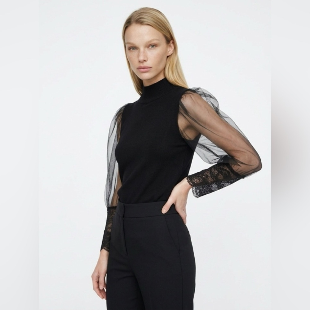 NWT Gracia Black Mock Neck Top Sheer Mesh Puff Sleeve Lace Cuff M